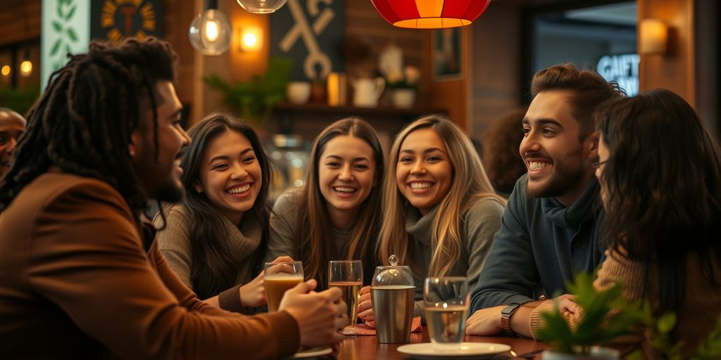 Young adults chatting at a cozy cafe.