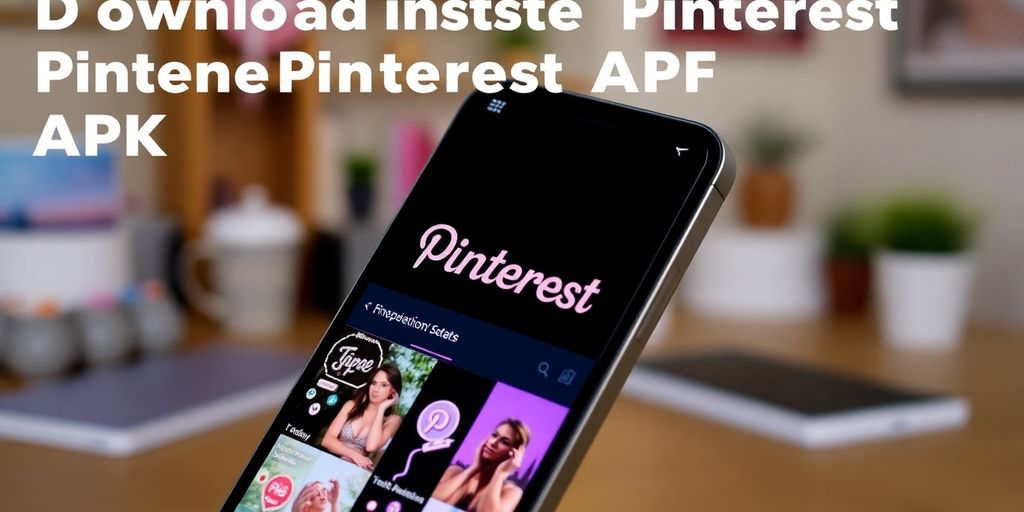 Smartphone with Pinterest app on a workspace background.