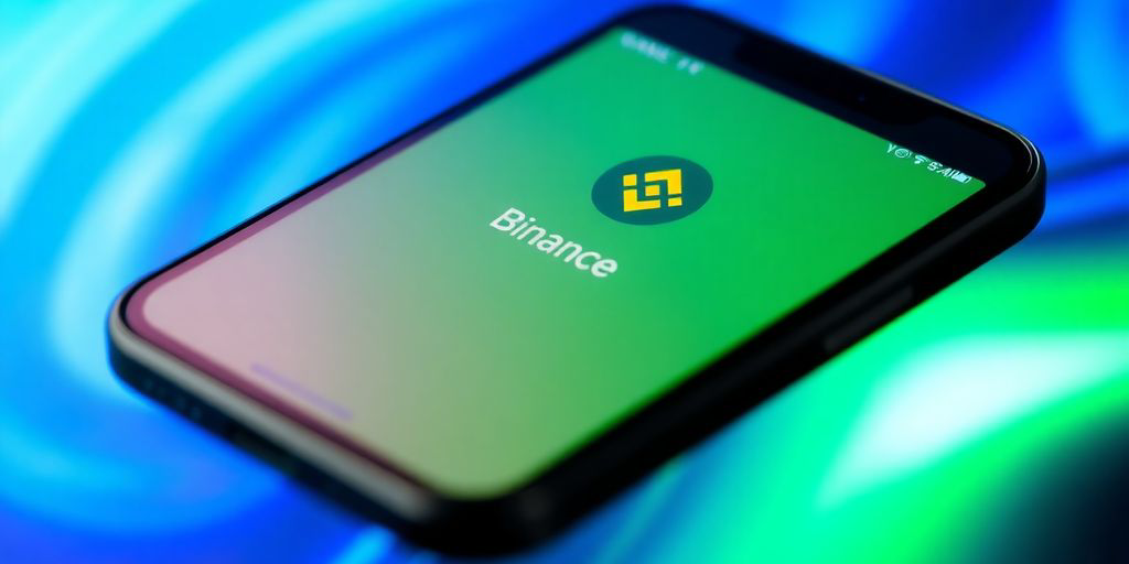 Mobile phone with Binance app interface displayed.