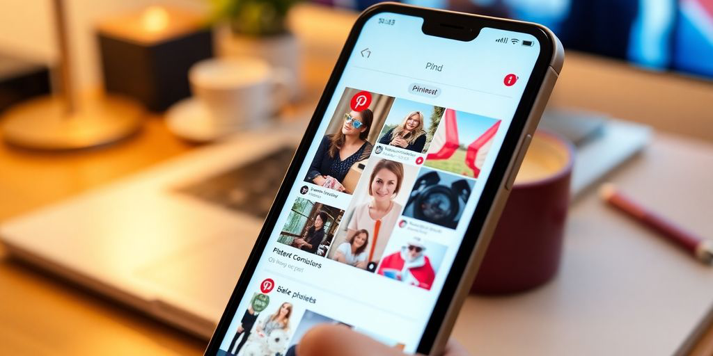 Smartphone with Pinterest app on a cozy workspace.