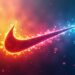 Nike logo Swoosh with vibrant colors and dynamic background.